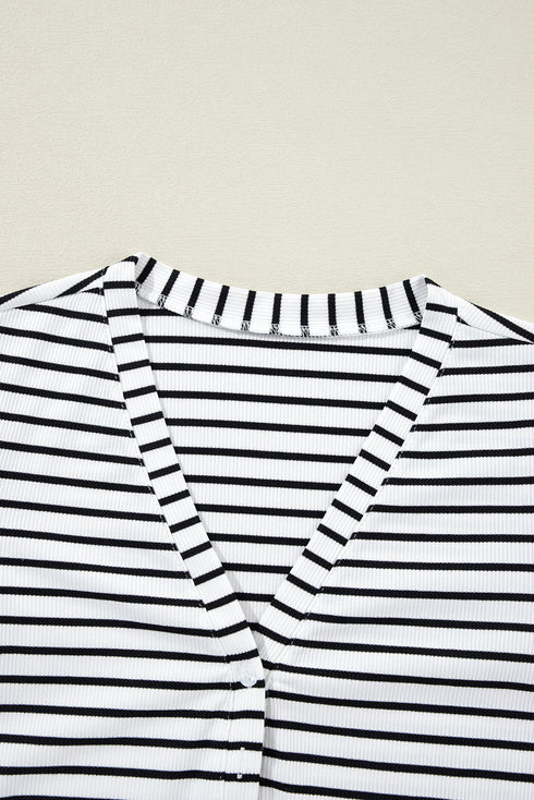 Striped Ribbed Knit Button Front Long Sleeve Henley Top