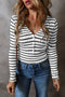 Striped Ribbed Knit Button Front Long Sleeve Henley Top