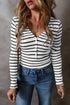 Striped Ribbed Knit Button Front Long Sleeve Henley Top
