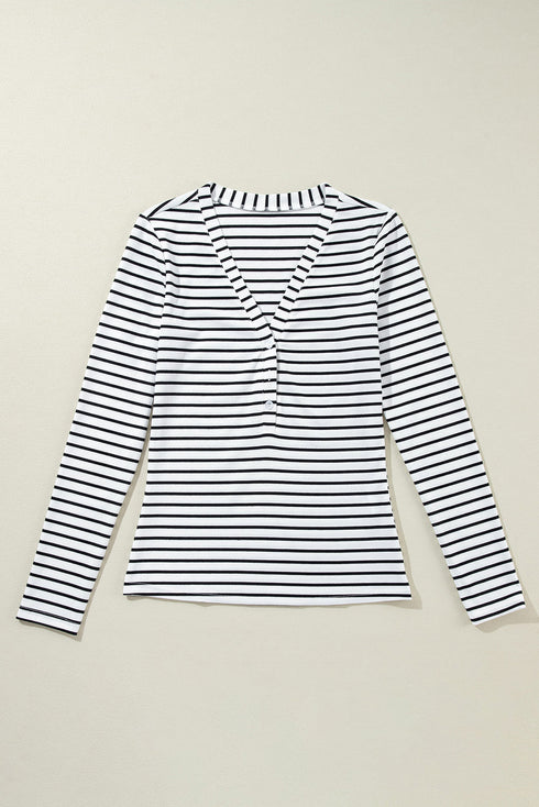 Striped Ribbed Knit Button Front Long Sleeve Henley Top