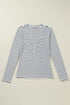 Striped Ribbed Knit Button Front Long Sleeve Henley Top