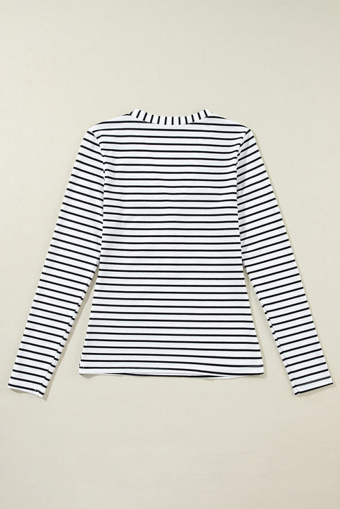 Striped Ribbed Knit Button Front Long Sleeve Henley Top