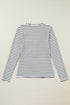 Striped Ribbed Knit Button Front Long Sleeve Henley Top