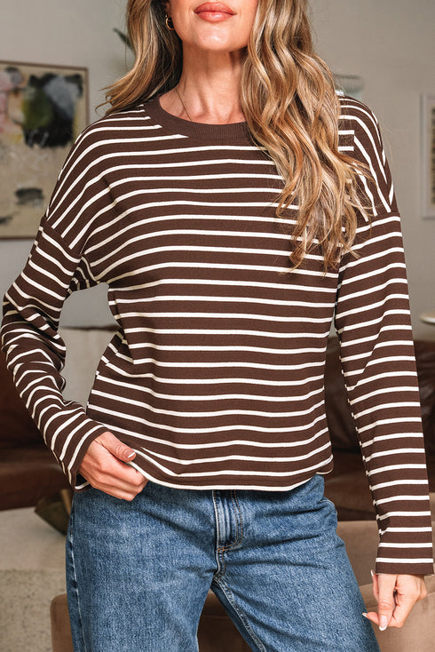 Striped Ribbed Knit Crew Neck Long Sleeve Crop Top