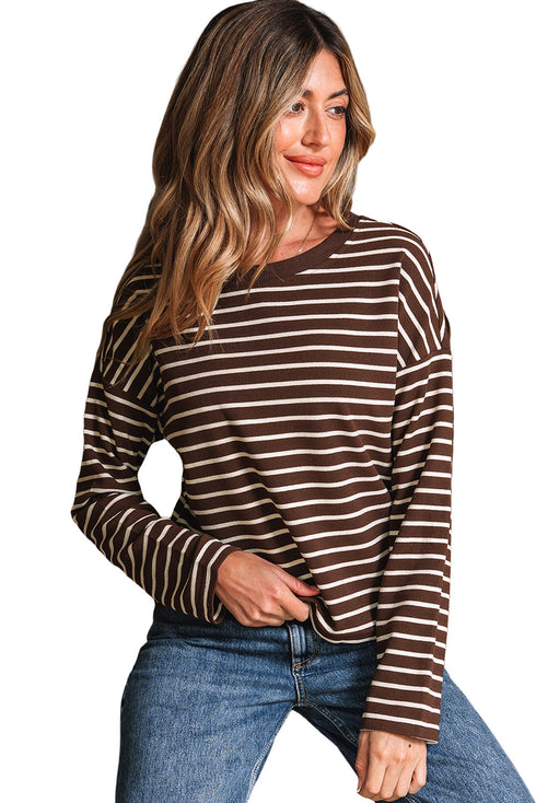 Striped Ribbed Knit Crew Neck Long Sleeve Crop Top