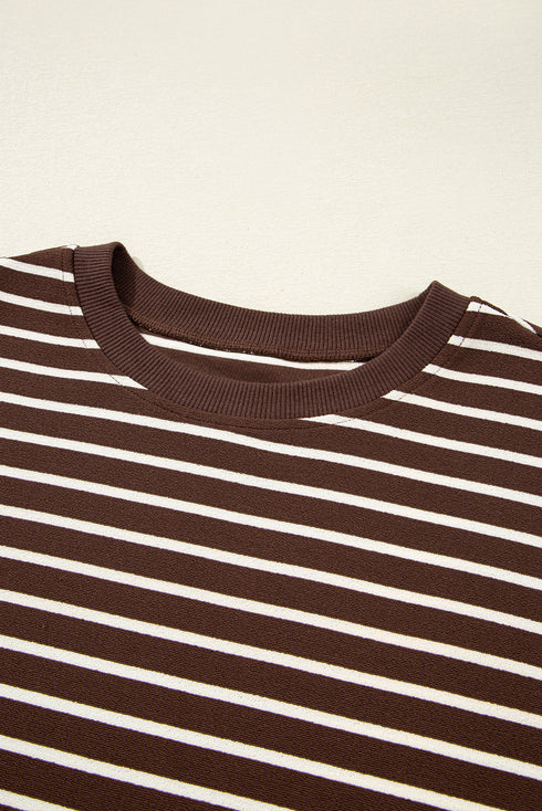 Striped Ribbed Knit Crew Neck Long Sleeve Crop Top