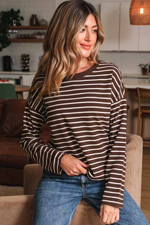 Striped Ribbed Knit Crew Neck Long Sleeve Crop Top