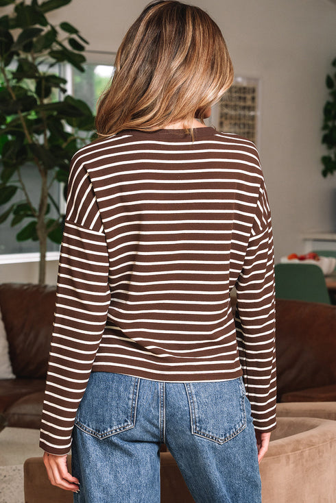Striped Ribbed Knit Crew Neck Long Sleeve Crop Top