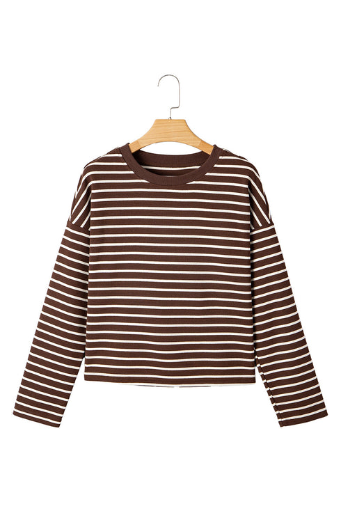 Striped Ribbed Knit Crew Neck Long Sleeve Crop Top