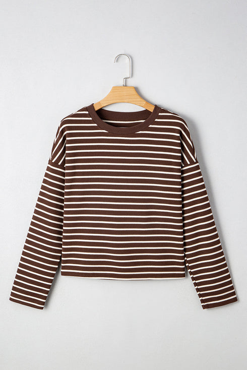 Striped Ribbed Knit Crew Neck Long Sleeve Crop Top