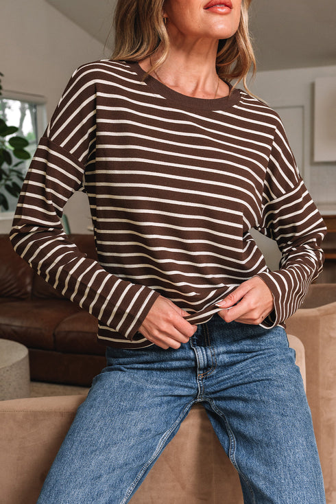 Striped Ribbed Knit Crew Neck Long Sleeve Crop Top