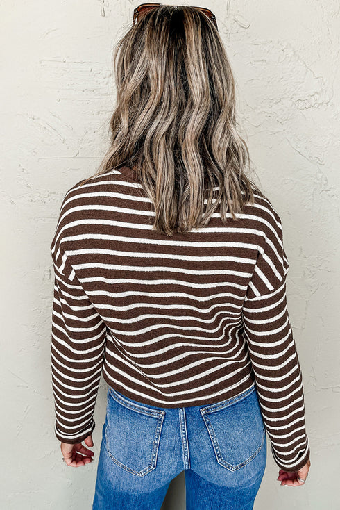 Striped Ribbed Knit Crew Neck Long Sleeve Crop Top