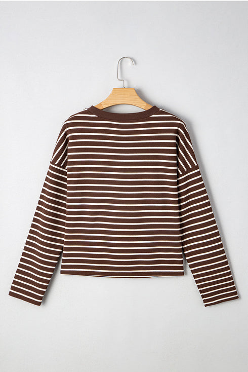 Striped Ribbed Knit Crew Neck Long Sleeve Crop Top
