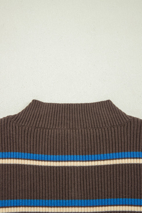 Striped Ribbed Knit Cuff Henley Button Sweater