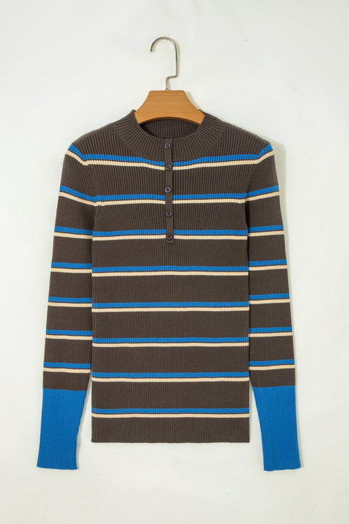 Striped Ribbed Knit Cuff Henley Button Sweater