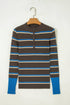 Striped Ribbed Knit Cuff Henley Button Sweater