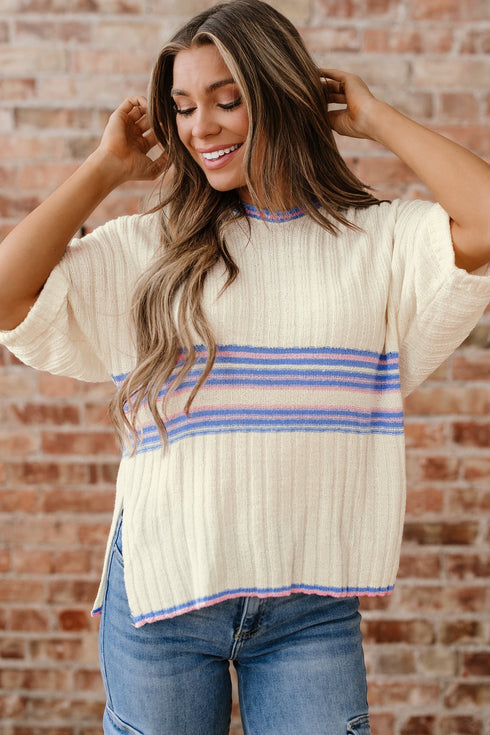Striped Ribbed Knit Elbow Sleeve Boxy Top