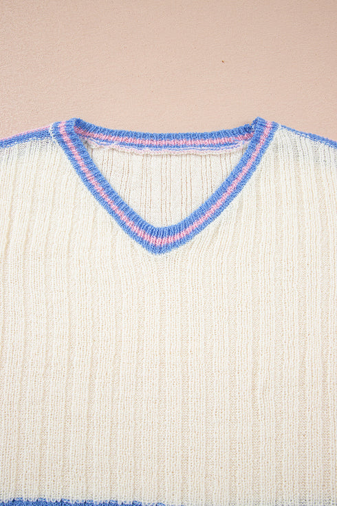 Striped Ribbed Knit Elbow Sleeve Boxy Top