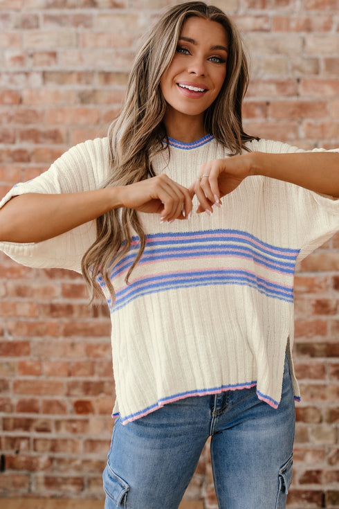 Striped Ribbed Knit Elbow Sleeve Boxy Top