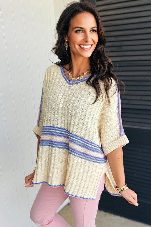 Striped Ribbed Knit Elbow Sleeve Boxy Top
