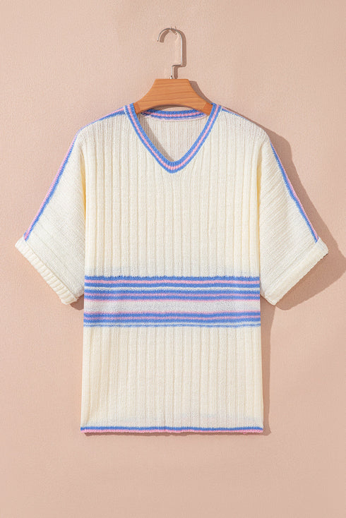 Striped Ribbed Knit Elbow Sleeve Boxy Top