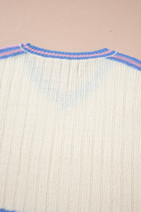 Striped Ribbed Knit Elbow Sleeve Boxy Top