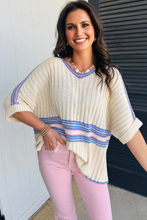 Striped Ribbed Knit Elbow Sleeve Boxy Top