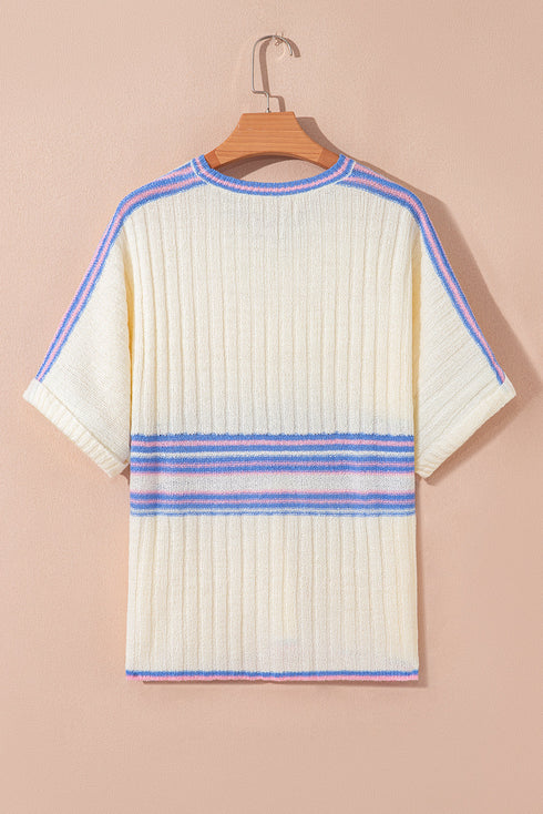 Striped Ribbed Knit Elbow Sleeve Boxy Top