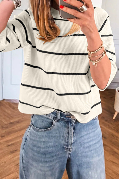 Striped Ribbed Knit Half Sleeve Loose Short Sleeve Sweater