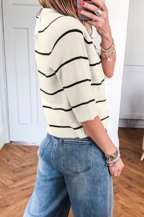 Striped Ribbed Knit Half Sleeve Loose Short Sleeve Sweater