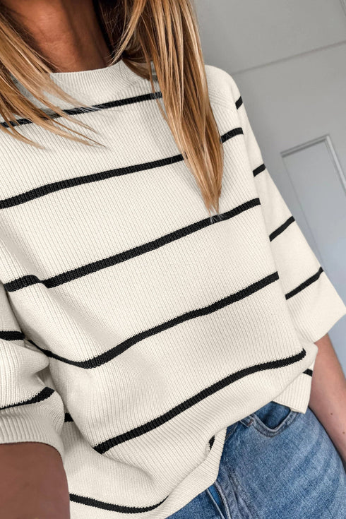 Striped Ribbed Knit Half Sleeve Loose Short Sleeve Sweater