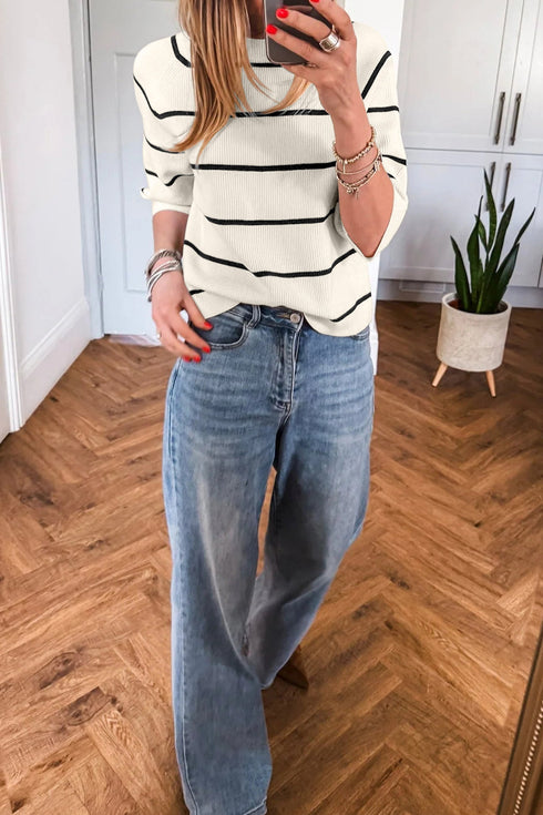 Striped Ribbed Knit Half Sleeve Loose Short Sleeve Sweater