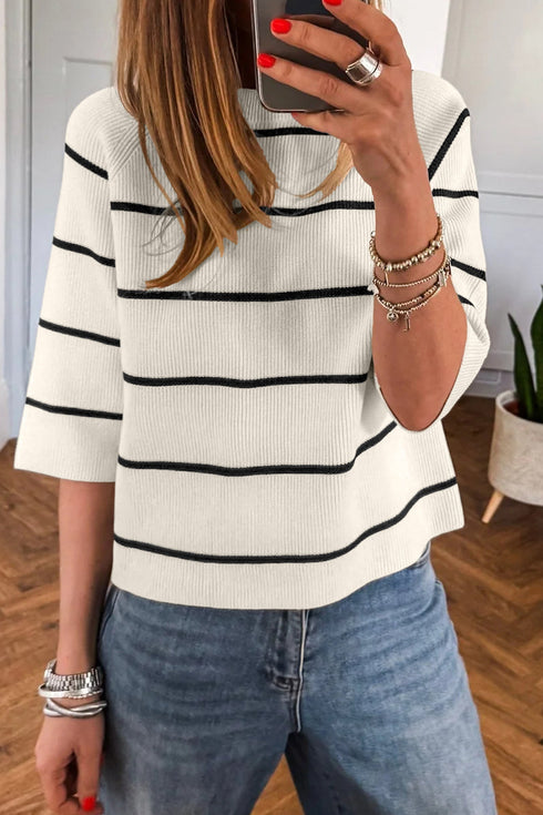 Striped Ribbed Knit Half Sleeve Loose Short Sleeve Sweater