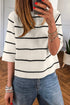 Striped Ribbed Knit Half Sleeve Loose Short Sleeve Sweater