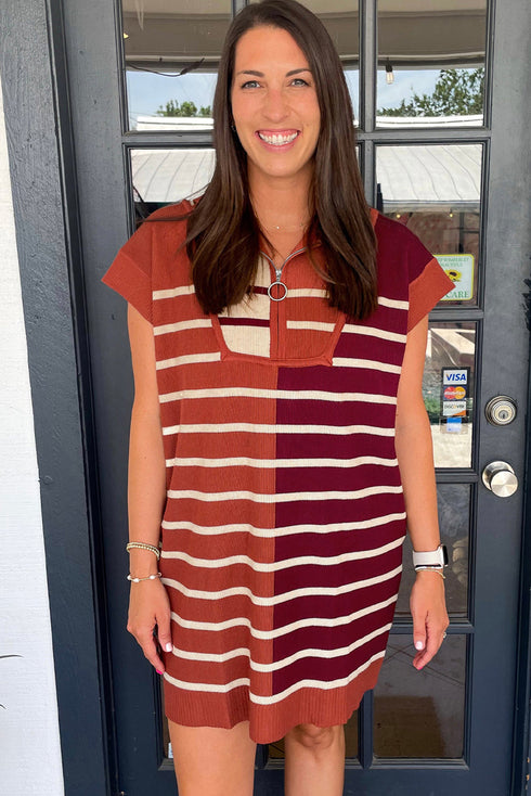 Striped Ribbed Knit Half Zip Mini Dress
