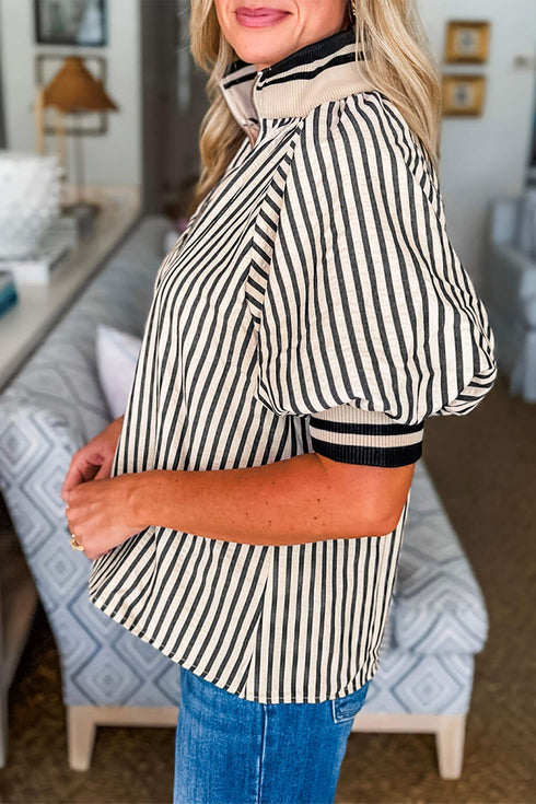Striped Ribbed Knit Polo Collar Half Zip Puff Sleeve Shirt