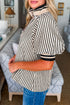 Striped Ribbed Knit Polo Collar Half Zip Puff Sleeve Shirt