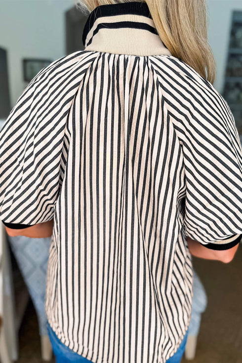 Striped Ribbed Knit Polo Collar Half Zip Puff Sleeve Shirt