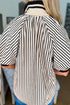 Striped Ribbed Knit Polo Collar Half Zip Puff Sleeve Shirt