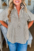 Striped Ribbed Knit Polo Collar Half Zip Puff Sleeve Shirt