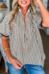 Striped Ribbed Knit Polo Collar Half Zip Puff Sleeve Shirt