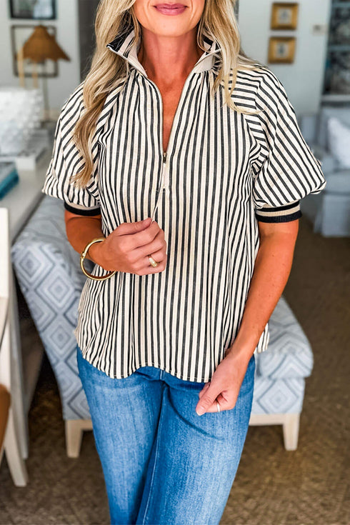 Striped Ribbed Knit Polo Collar Half Zip Puff Sleeve Shirt