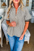 Striped Ribbed Knit Polo Collar Half Zip Puff Sleeve Shirt