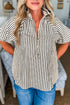Striped Ribbed Knit Polo Collar Half Zip Puff Sleeve Shirt