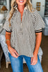 Striped Ribbed Knit Polo Collar Half Zip Puff Sleeve Shirt