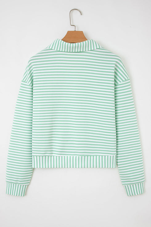 Striped Ribbed Knit Quarter Zip Long Sleeve Pullover