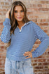 Striped Ribbed Knit Quarter Zip Long Sleeve Pullover