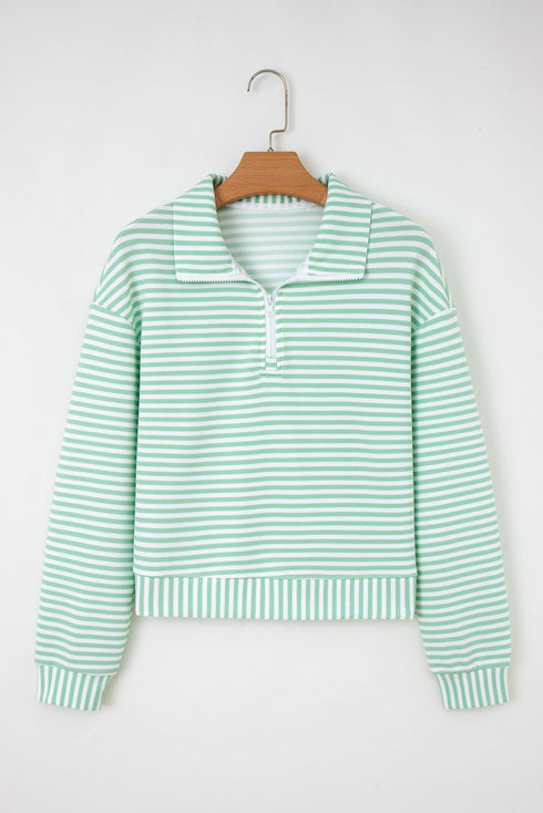 Striped Ribbed Knit Quarter Zip Long Sleeve Pullover