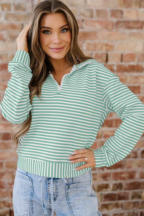 Striped Ribbed Knit Quarter Zip Long Sleeve Pullover