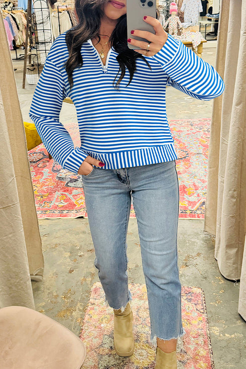 Striped Ribbed Knit Quarter Zip Long Sleeve Pullover